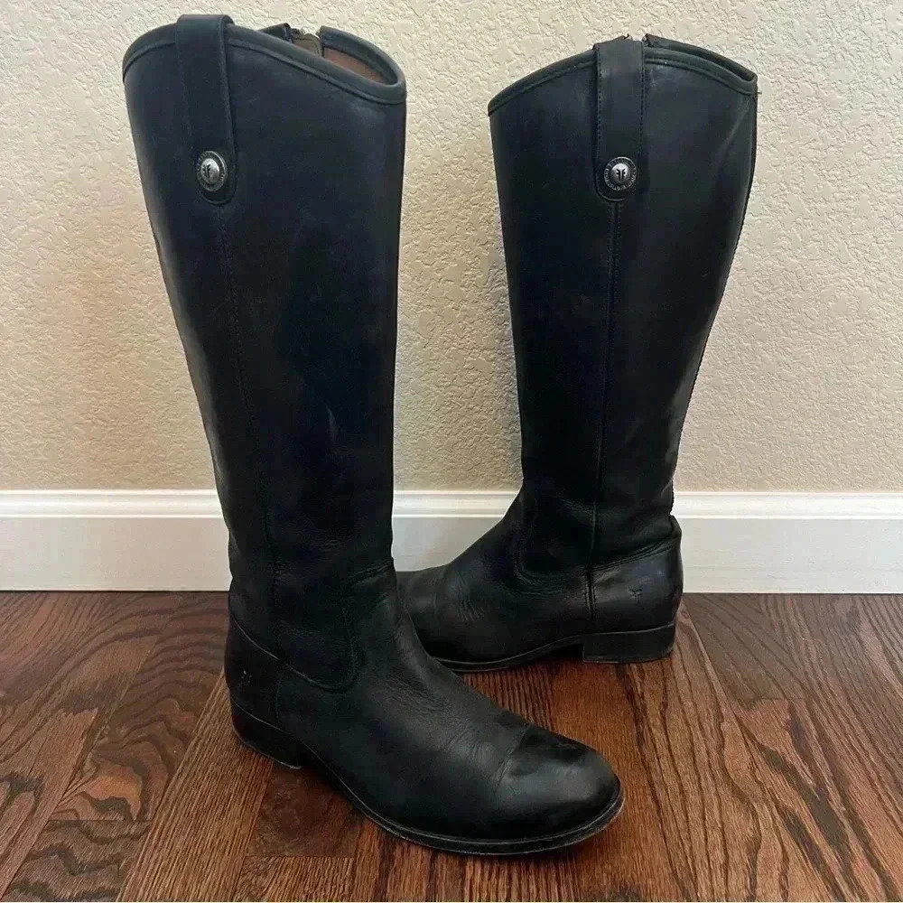 Frye Melissa Button Tabs Black Riding Knee High Boots Women Sz 6.5 B 3470412